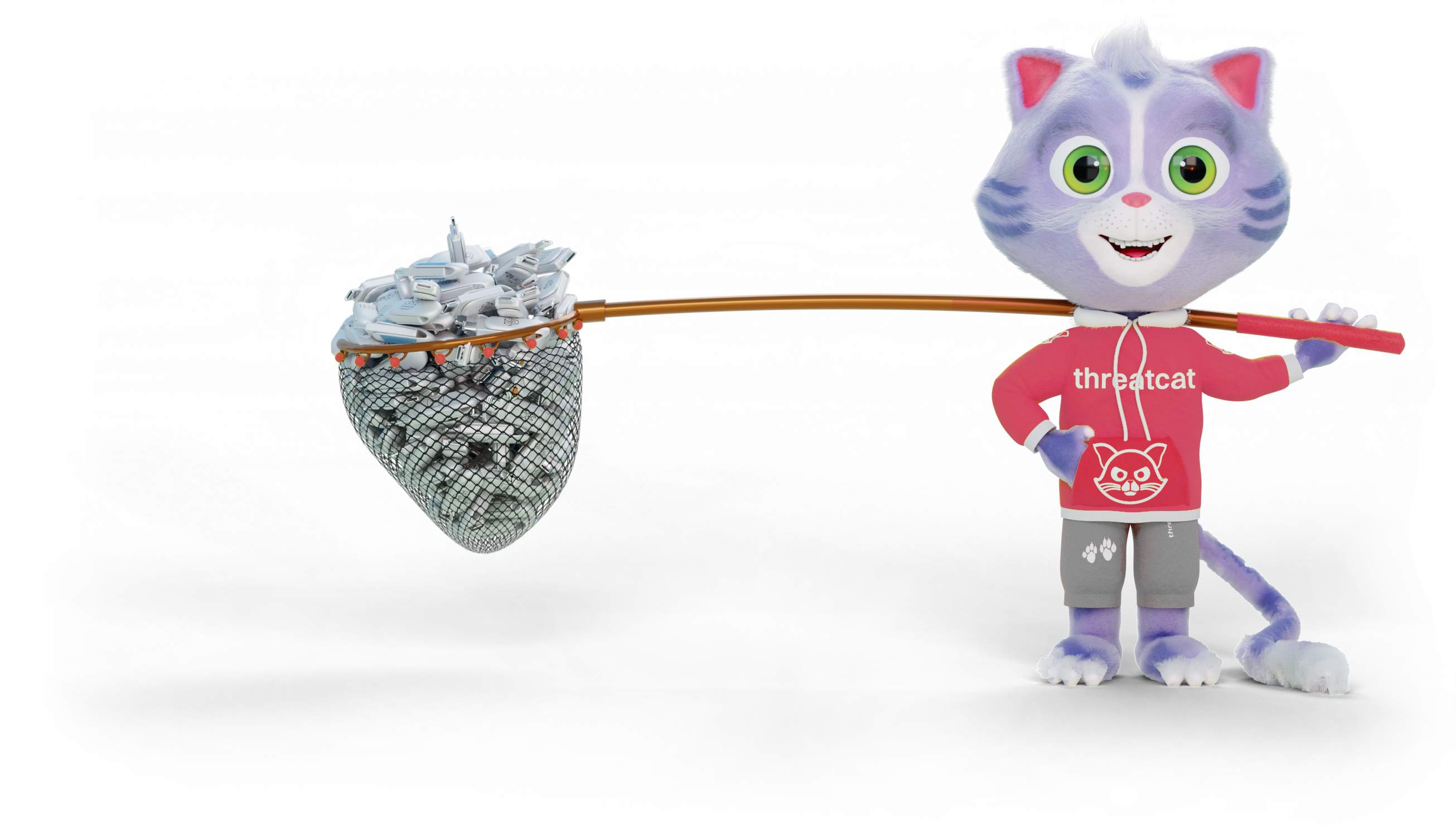 the threatcat holding a landing net filled with USB sticks